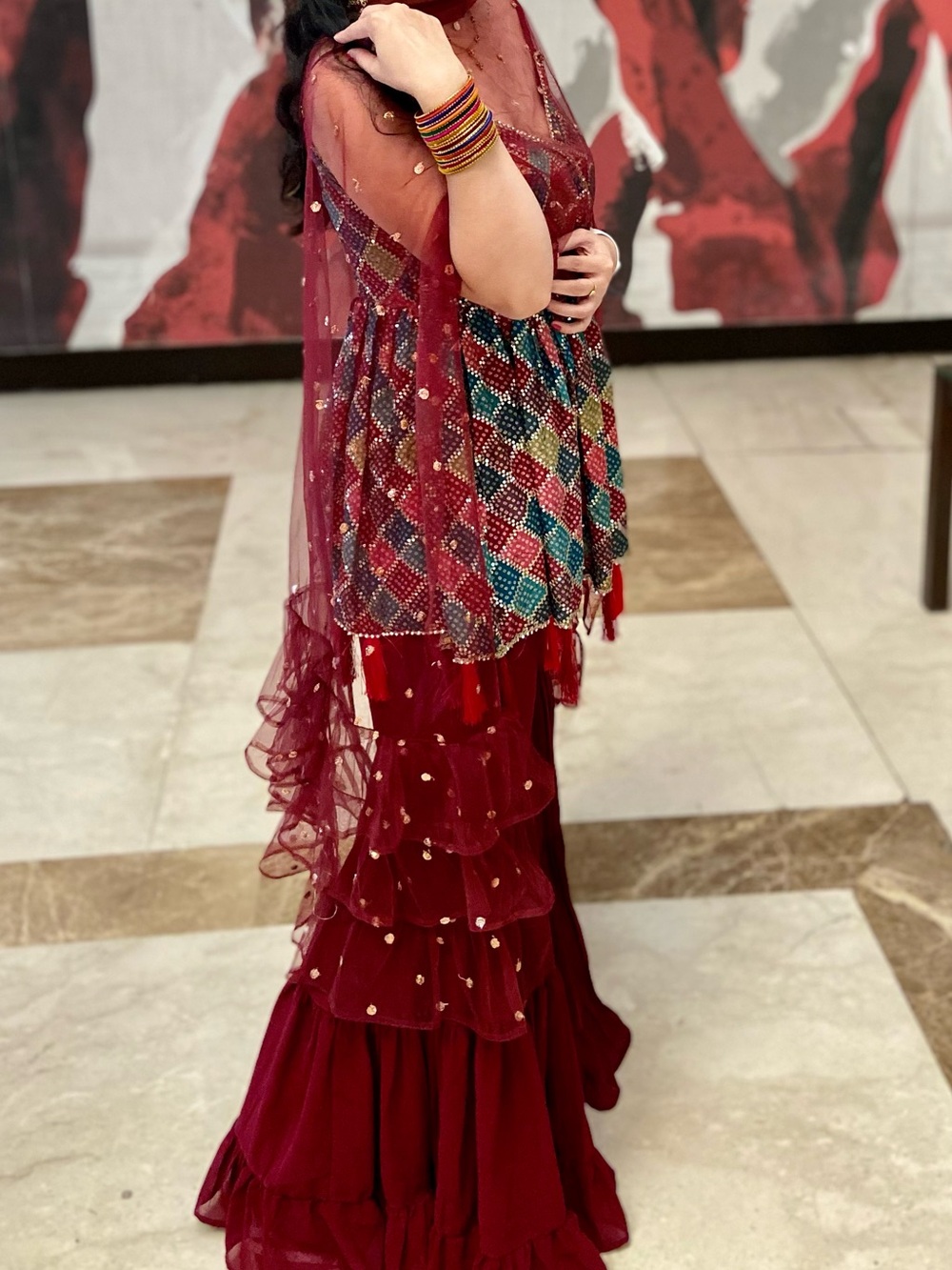 Red Embellished Indian sharara  Set with Sequined Dupatta - Picture 5 of 5